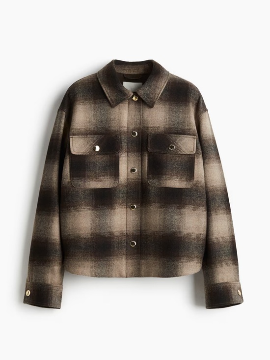 H&M Jackets & Blazers - Plaid Shacket Jacket in Brown and Cream